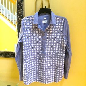 Ann Taylor Loft women's M Softened shirt Blue Chambray w White Eyelet Lace front